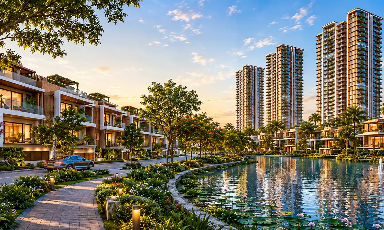 Waterfront residences at dusk